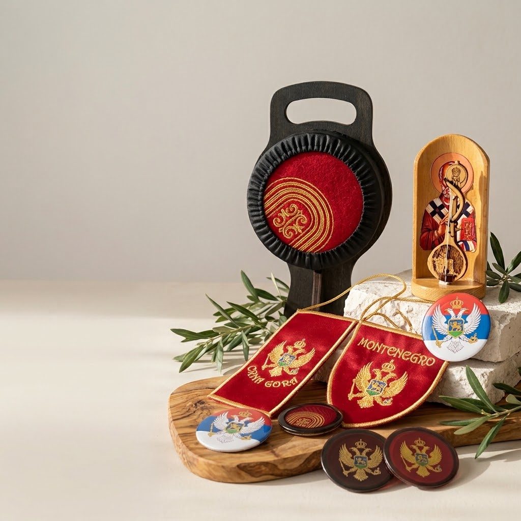Souvenirs from the workshop: a framed Montenegrin cap, an icon with gusle, embroidered pennants and coat of arms magnets