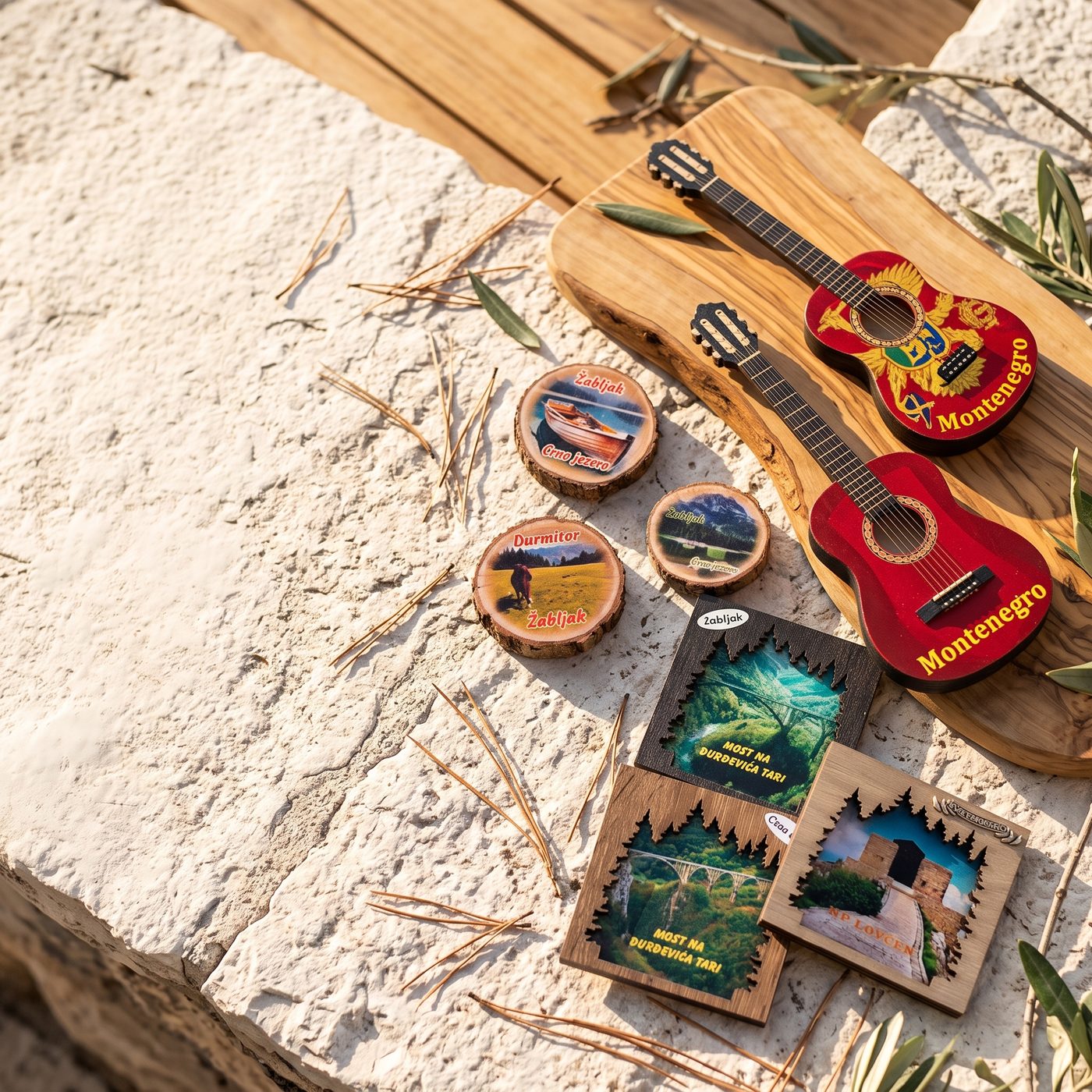 Guitar magnets, wood slices from Žabljak and wooden Tara magnets on stone and a board