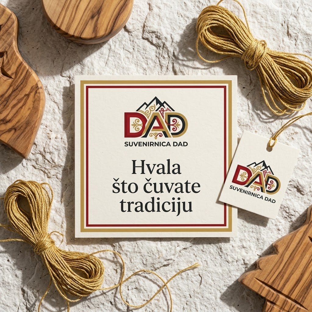 Kartica sa natpisom Hvala što čuvate tradiciju, zlatni konac i predmeti od maslinovog drveta