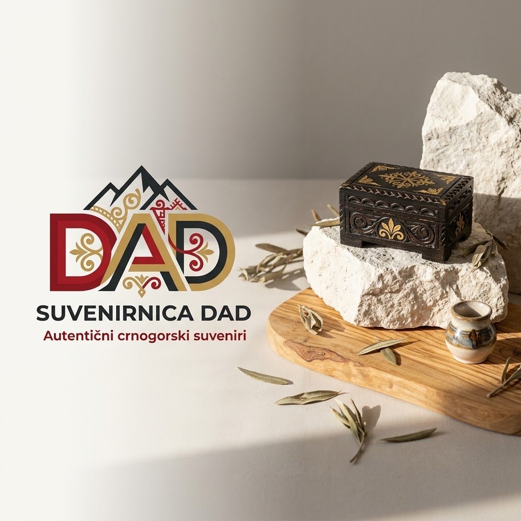 Znak Suvenirnice DAD pored rezbarene kutije sa zlatnim ornamentima, na kamenu i dasci od masline