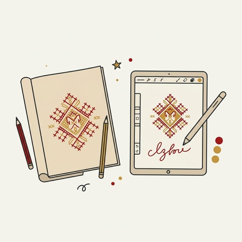 Sketch of a motif in a notebook and on a tablet