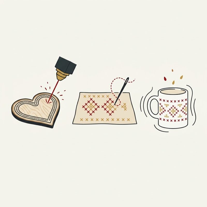 A laser cutting a wooden heart, embroidery and a mug with a motif