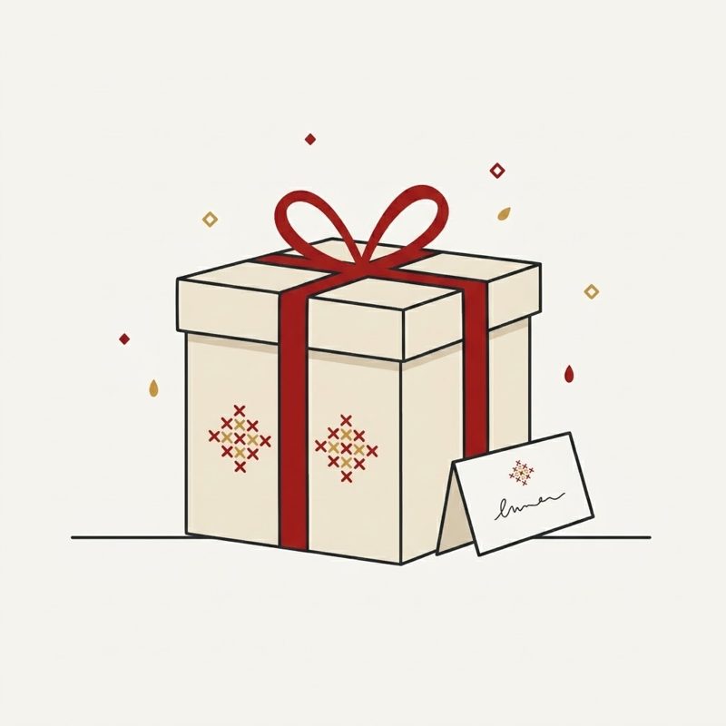 Gift box with a burgundy ribbon and a card