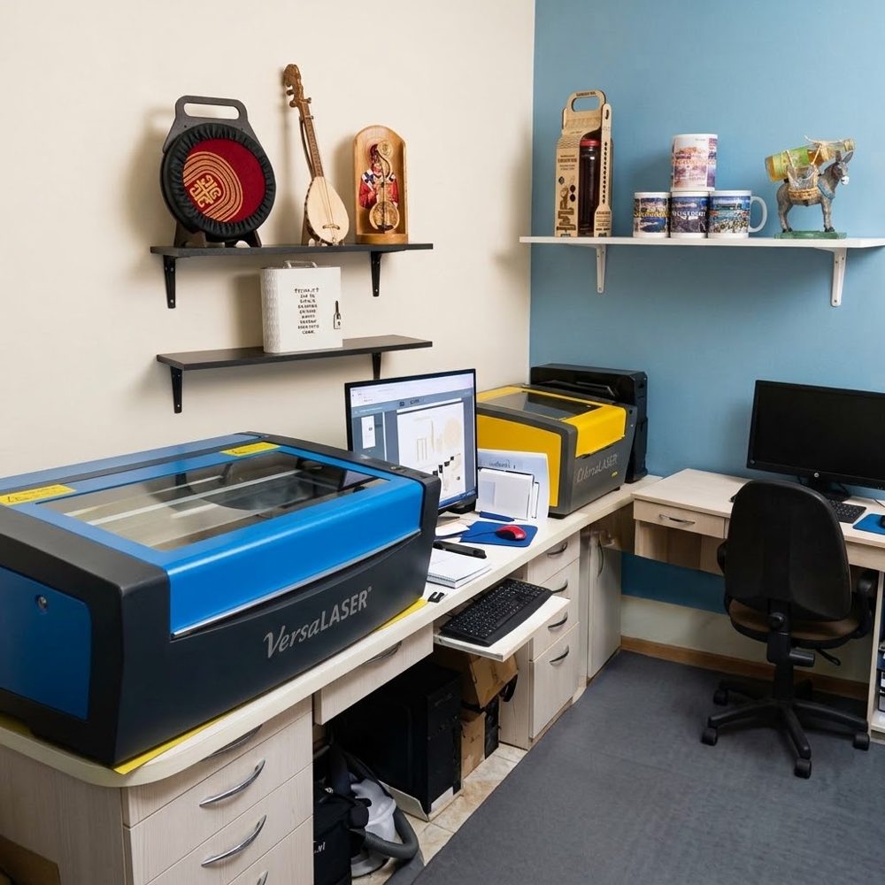 Workbench with a laser machine and a computer for preparing drawings