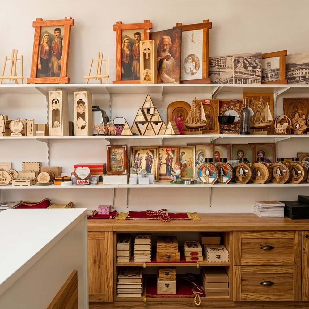 Shelves with icons, frames, boxes and wooden figures from the workshop