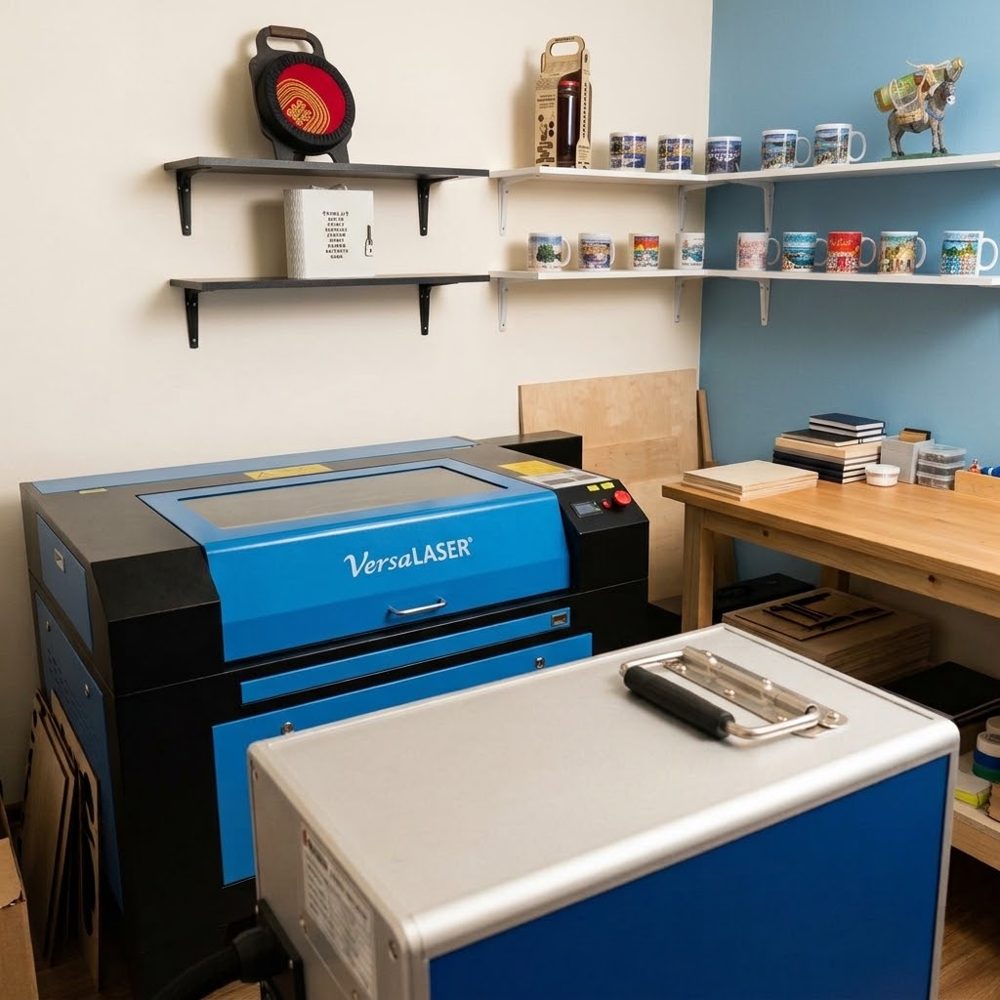 Laser machine for cutting and engraving wood in the workshop