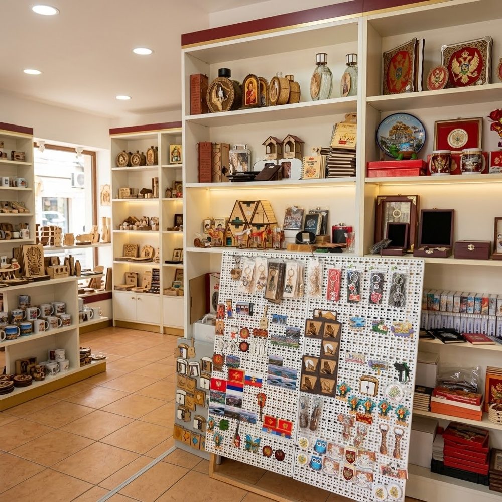 The Suvenirnica DAD shop with shelves full of souvenirs and a wall of magnets
